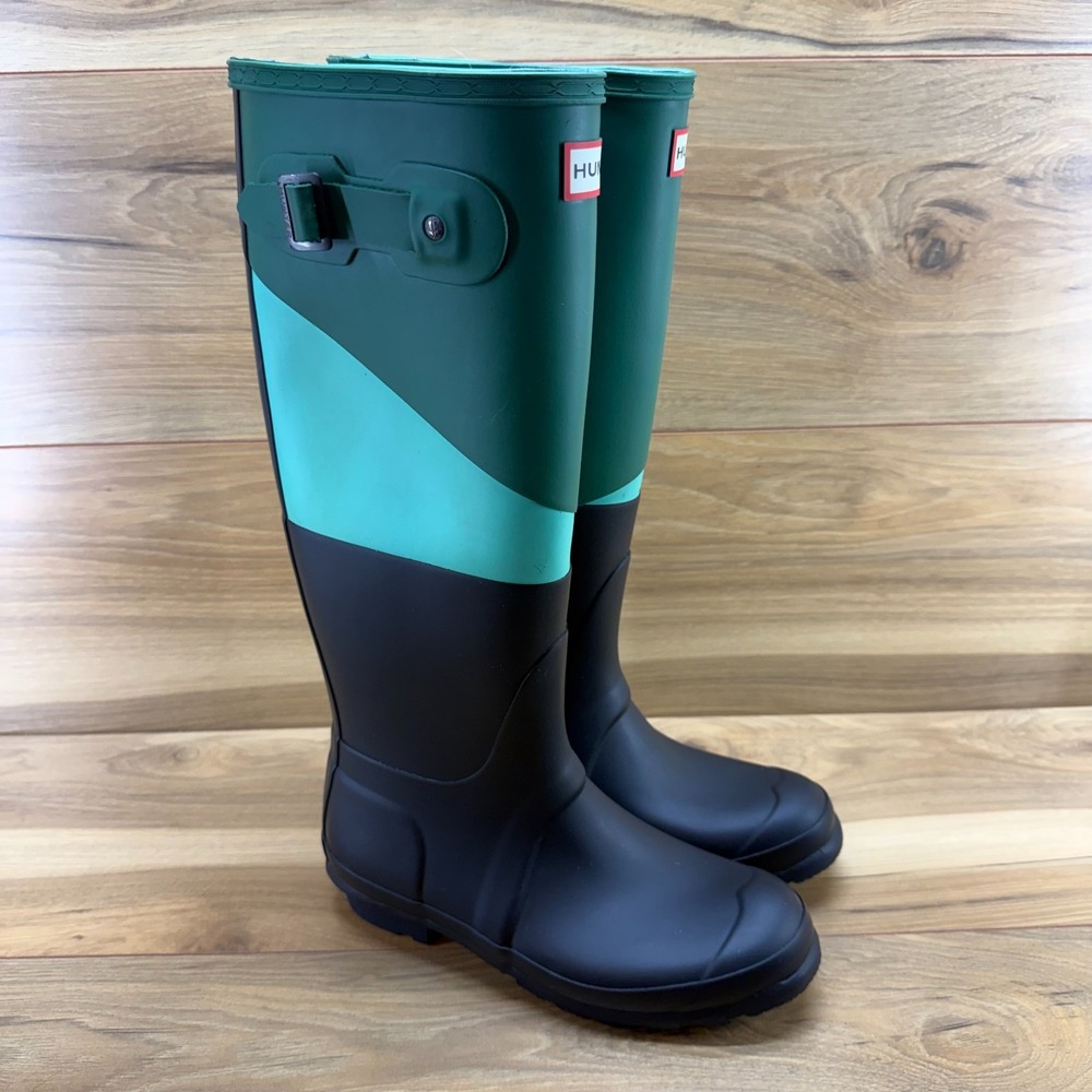 Hunter Original Tall Rain Boot 6 EU 37 Black Green Colorblock Wellies Waterproof